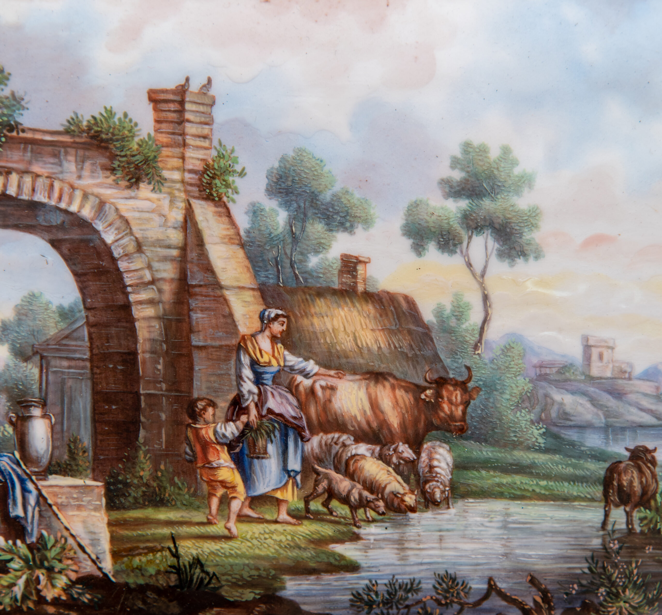 détail scène lacustre avec personnages et animaux Sèvres