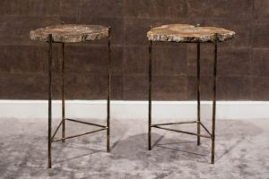 Pair of Brutalist End Tables Fossil Wood Top