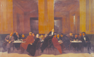 Figures gathered around café tables in Amerigo Bartoli’s Gli amici al caffè
