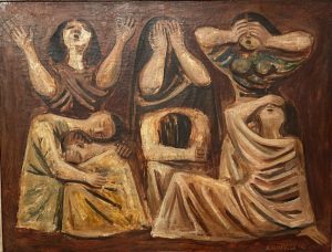 Painting by Massimo Campigli showing a group of female figures in ochre, brown, and pink tones