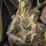 Madonna and Child sculpture depicted against dark drapery in a painting by Gino Galli
