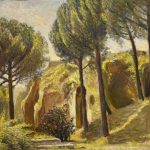 Landscape by Gino Galli with pine trees and sunlit ruins