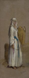 Donna in abito chiaro accanto a un grande recipiente nell’acquerello di Domenico Morelli