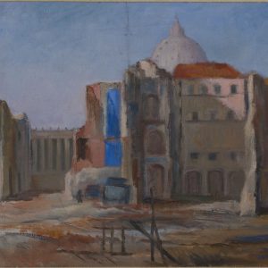Dipinto Giovanni Omiccioli San Pietro 1937 olio su tavola, cupola bianca edifici rossi blu in rovina, Scuola Romana Spina di Borgo demolizioni Roma 36x46 cm