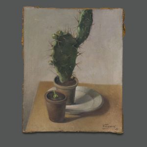 Dipinto Sestilio Piccari natura morta cactus spinoso vaso terracotta germoglio olio su tela 5stile realista italiano 1920