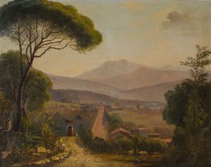 Paesaggio di Sante Nucci con un pino, figure lungo una strada e rilievi lontani, in cornice dorata