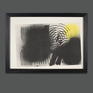 Litografia Hans Hartung Farandole 2 1971 edizione B XXVII/LXXV, linee nere gestuali schizzo giallo su carta bianca, astrattismo informale firmata 60x84 cm.