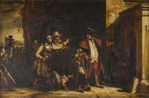 Gruppo di personaggi davanti a un edificio in The Parish Beadle di David Wilkie, con cornice dorata