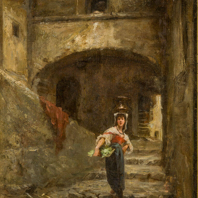 Jeune femme portant un panier dans un escalier de pierre, avec des poules au premier plan, dans un tableau de Pio Joris
