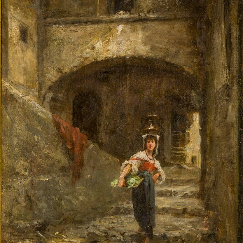 Pio Joris, Ragazza con cesta, dipinto a olio su tela di fine Ottocento