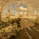 Il mulino di Castellammare, paesaggio rurale con mulino, alberi verdi e cielo nuvoloso di Giuseppe De Nittis (1874)