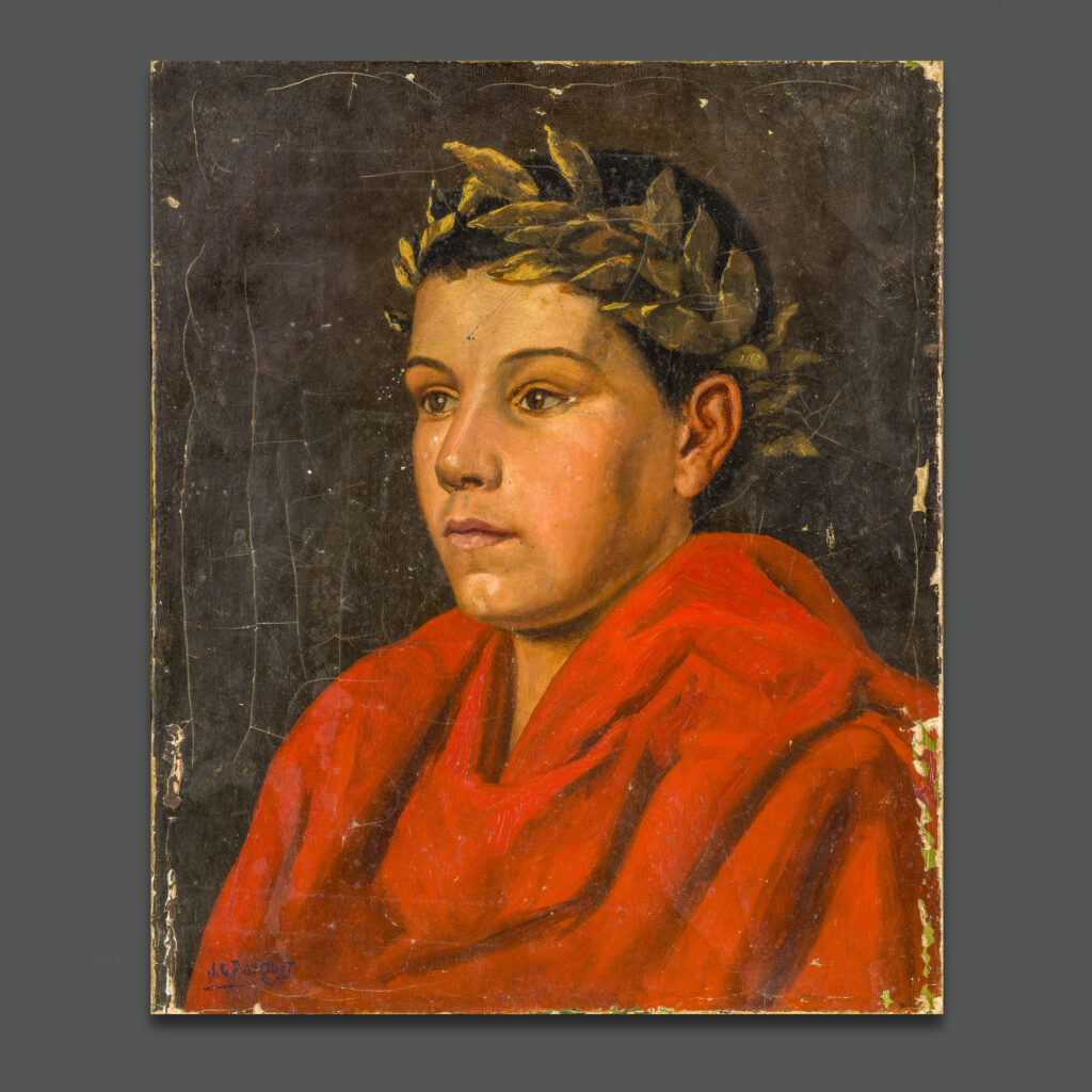 JPortrait ancien d’un jeune garçon en drapé rouge, attribué à Jean-Georges Pasquet