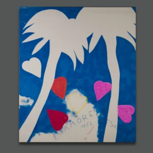 Mario Schifano, Amore nel deserto, 1985 ca., tecnica mista e acrilico su tela su base serigrafica.